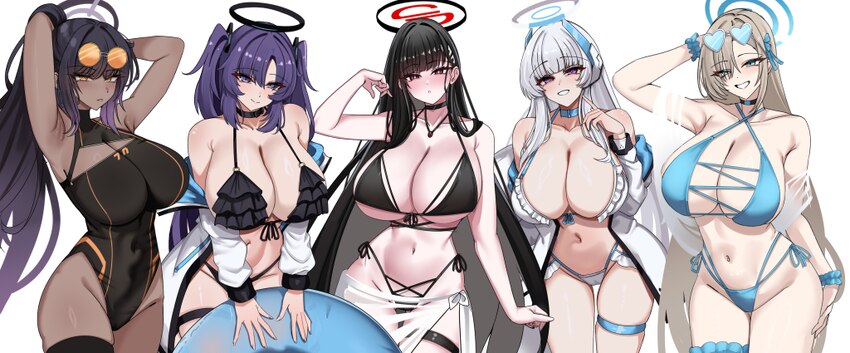 5girls absurdres alternate costume asuna (blue archive) bikini black hair blonde hair blue archive blue eyes blue halo bow bowtie breasts bright pupi…