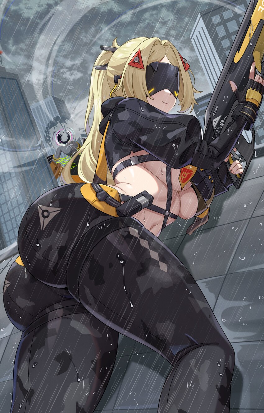 1girl absurdres ass black gloves black pants blindfold mask blonde hair breasts closed mouth commentary english commentary feet out of frame fingerle…