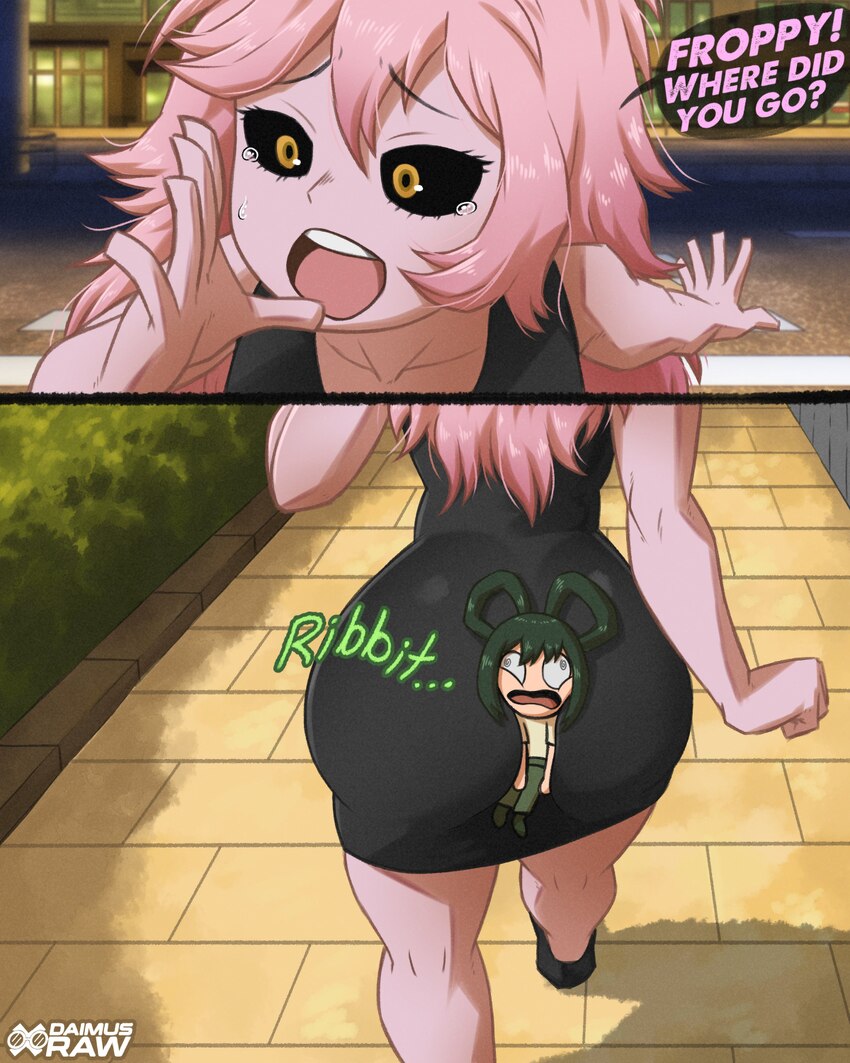 2girls absurdres artist name ashido mina ass ass focus asui tsuyu between buttocks black eyes boku no hero academia chibi daimus raw derivative work …