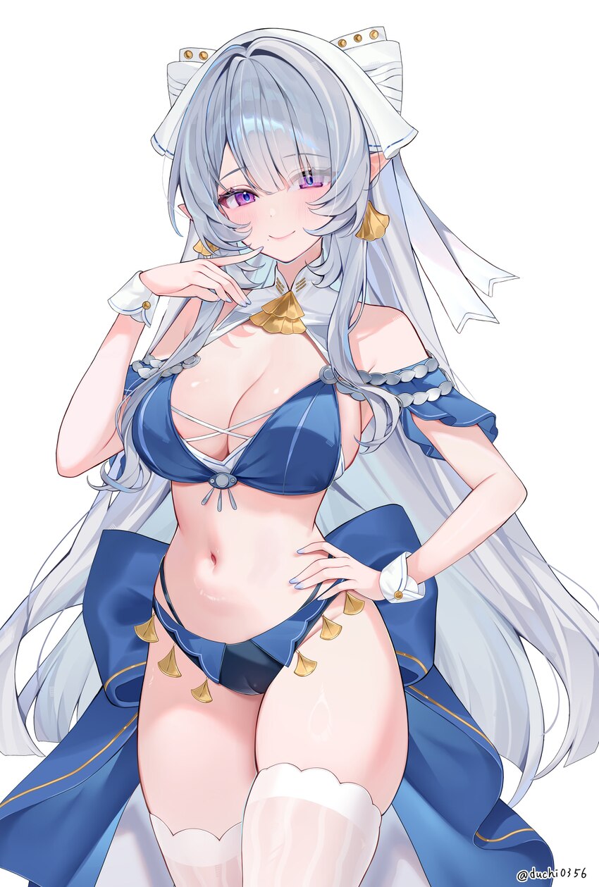 1girl absurdres bikini blue bikini breasts cleavage commentary duchi0356 earrings grey hair hand on own hip highres jewelry large breasts long hair l…