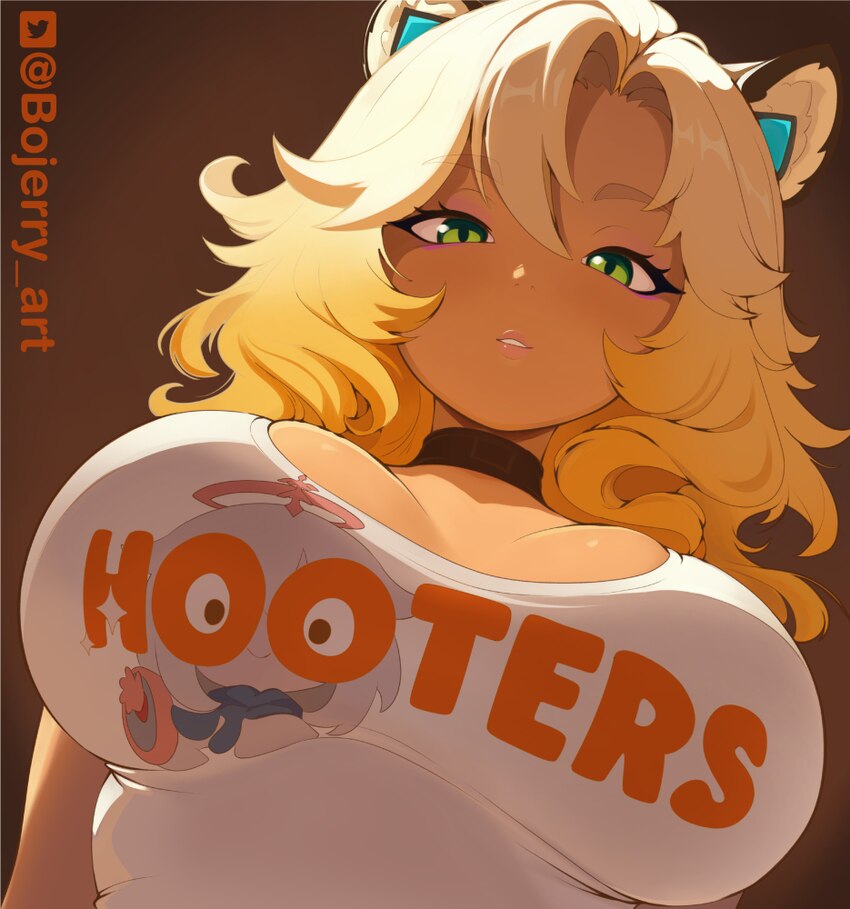 1girl alt text animal ears artist name black choker blonde hair bojerry art breasts brown background choker commentary english commentary from below …