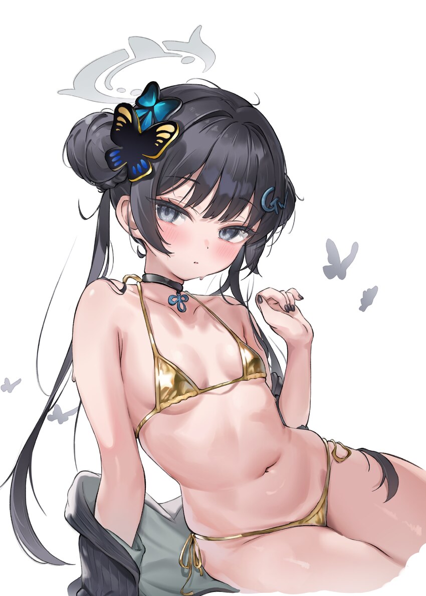 1girl absurdres bikini black coat black hair black nails blue archive breasts butterfly hair ornament coat commentary request double bun gold bikini …