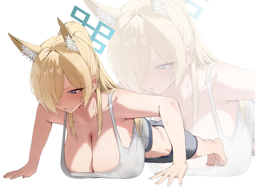 1girl absurdres ammak animal ear fluff animal ears bare arms barefoot blonde hair blue archive blue eyes blue halo breast press breasts cleavage coll…