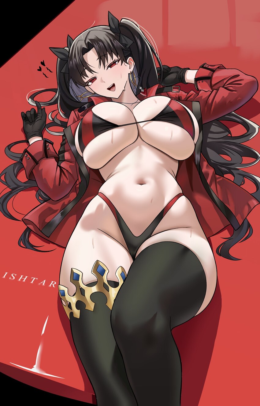 1girl absurdres alternate breast size (larger) armlet black gloves black hair black thighhighs blush breasts commentary english commentary fate/grand…