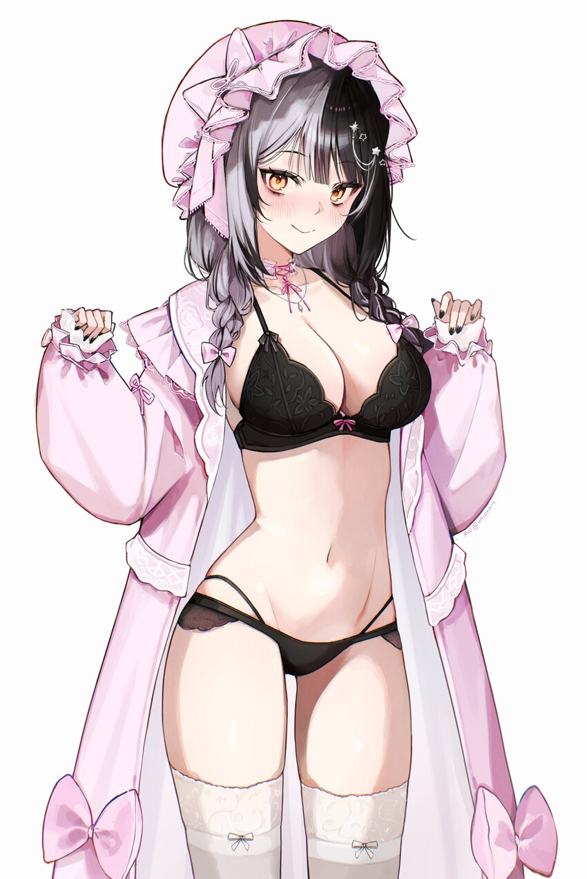 1girl absurdres black bra black hair black nails black panties blush bow bow bra bra braid breasts closed mouth coat commentary cowboy shot fingernai…