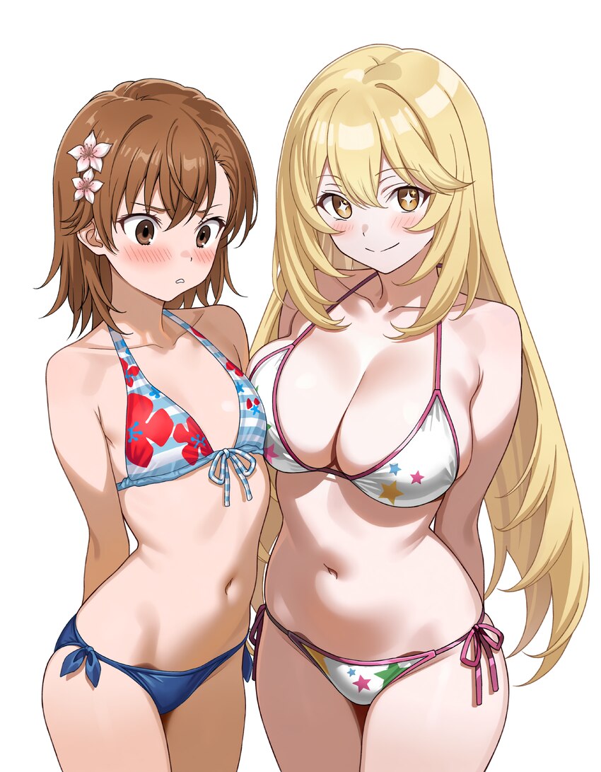 2girls absurdres arms behind back asymmetrical bangs asymmetrical docking bikini blonde hair blush breast conscious breast envy breast press breasts …