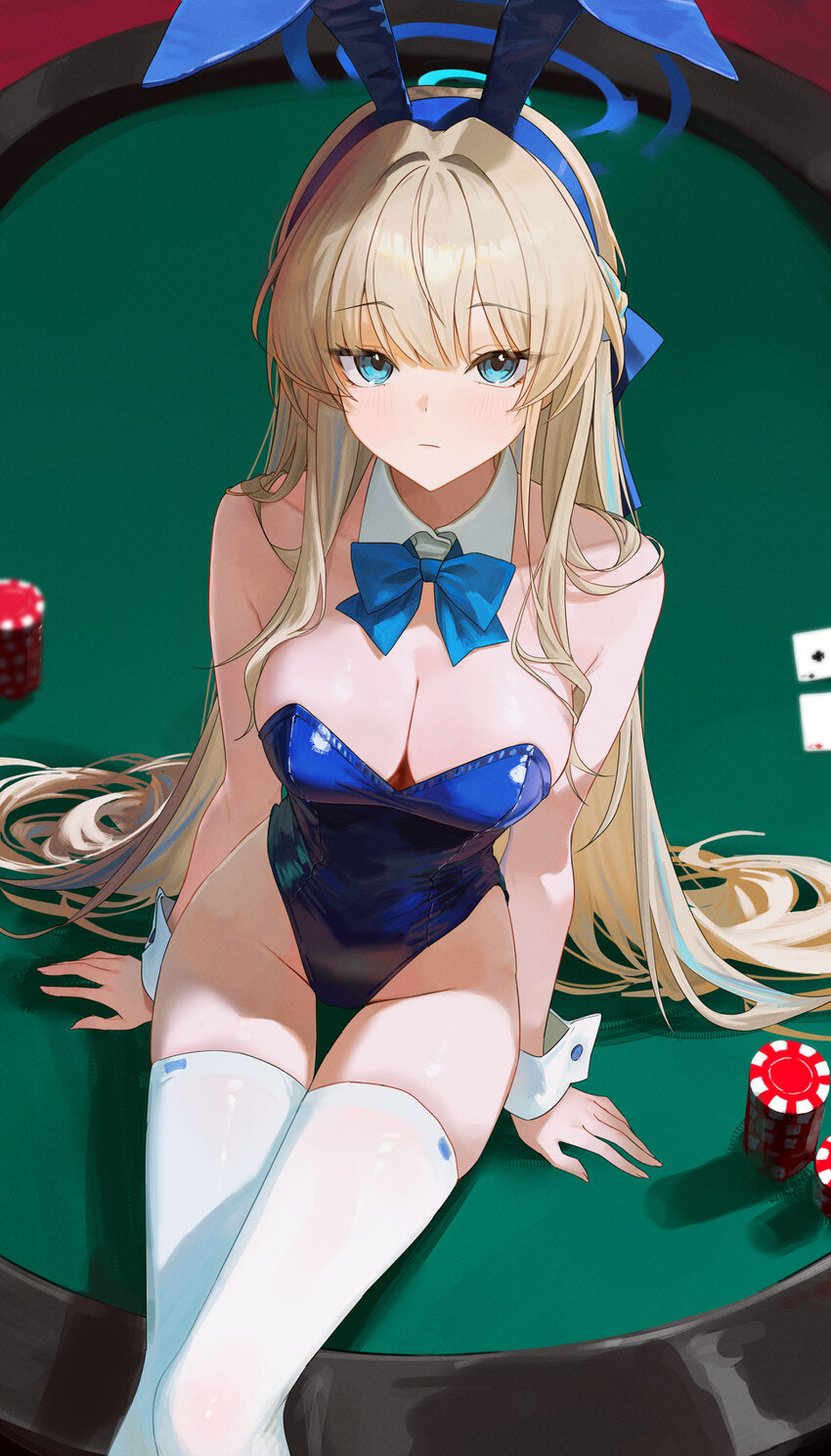 1girl absurdres bare shoulders blonde hair blue archive blue bow blue bowtie blue eyes blue halo blue leotard blue streaks blush bow bowtie braid bre…