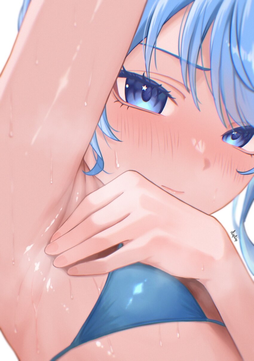 1girl absurdres arm up armpit focus armpits bikini blue bikini blue eyes blue hair blush close-up closed mouth commentary diptip english commentary f…