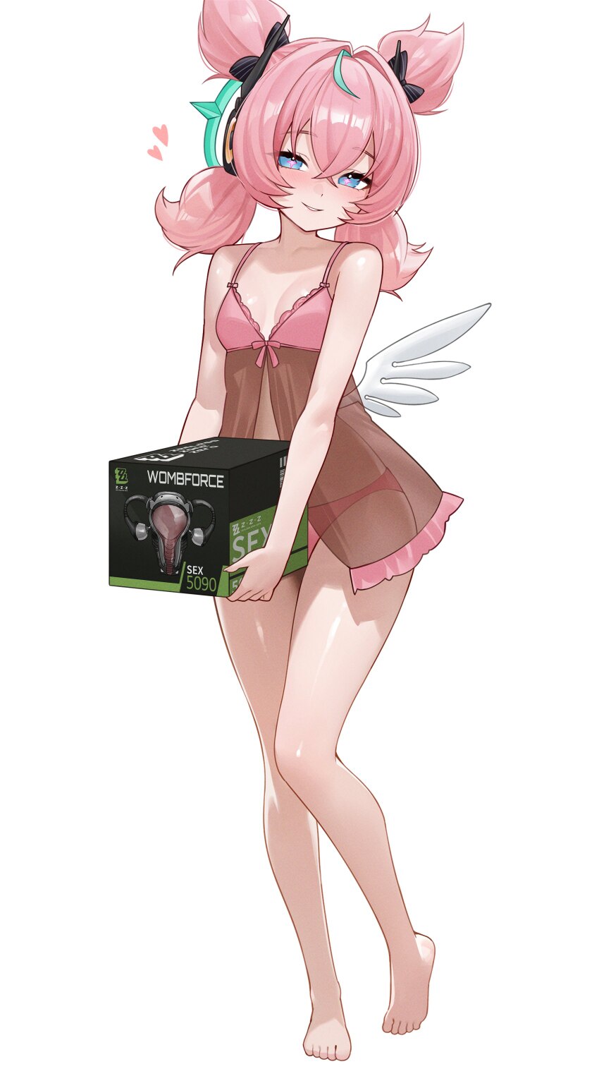 1girl absurdres aria (human) (zenless zone zero) aria (zenless zone zero) babydoll bare shoulders barefoot blue eyes blush breasts commentary english…