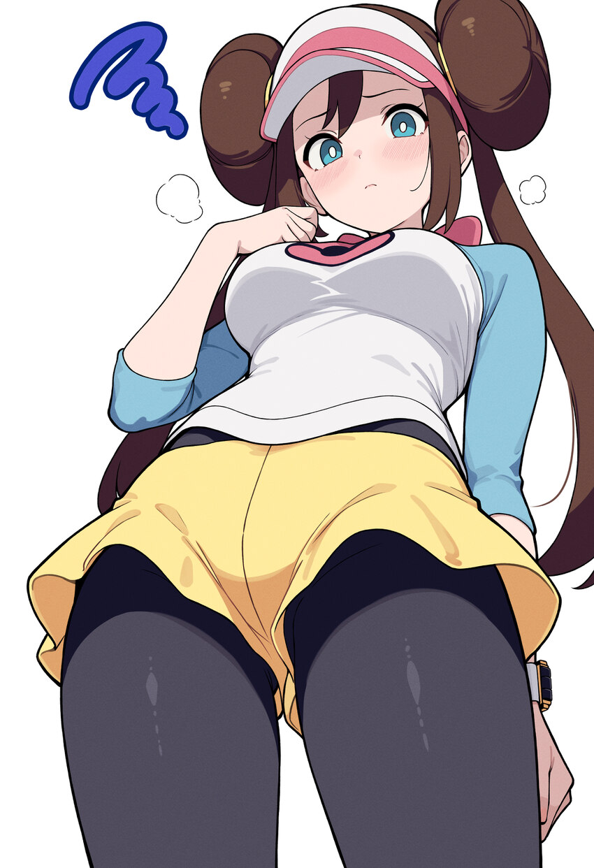 1girl absurdres black pantyhose blue eyes blush breasts bright pupils brown hair closed mouth commentary request double bun from below hair between e…