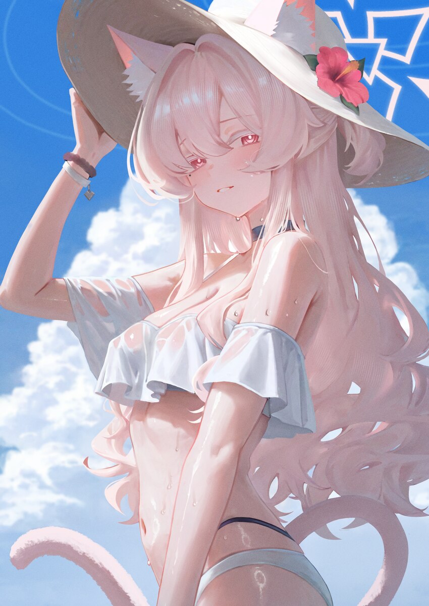 1girl akira (blue archive) animal ear fluff animal ears arm up bare shoulders bikini blue archive blue sky breasts cat ears cat girl cat tail cleavag…