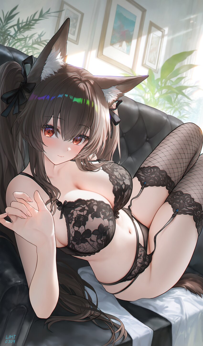 1girl absurdres angelina (arknights) animal ears arknights arknights  endfield artist name black bra black garter belt black hair black panties black…