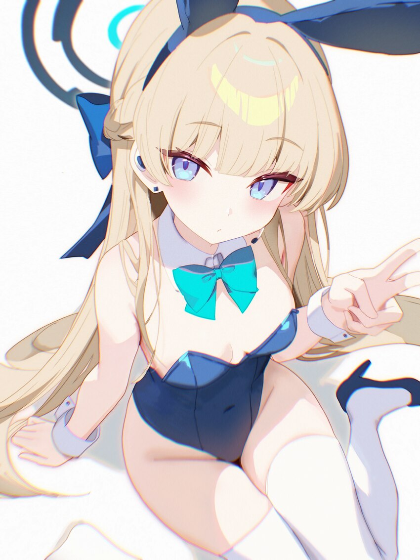 1girl absurdres animal ear hairband animal ears aqua bow aqua bowtie bare shoulders blonde hair blue archive blue eyes blue hairband blue halo blue l…