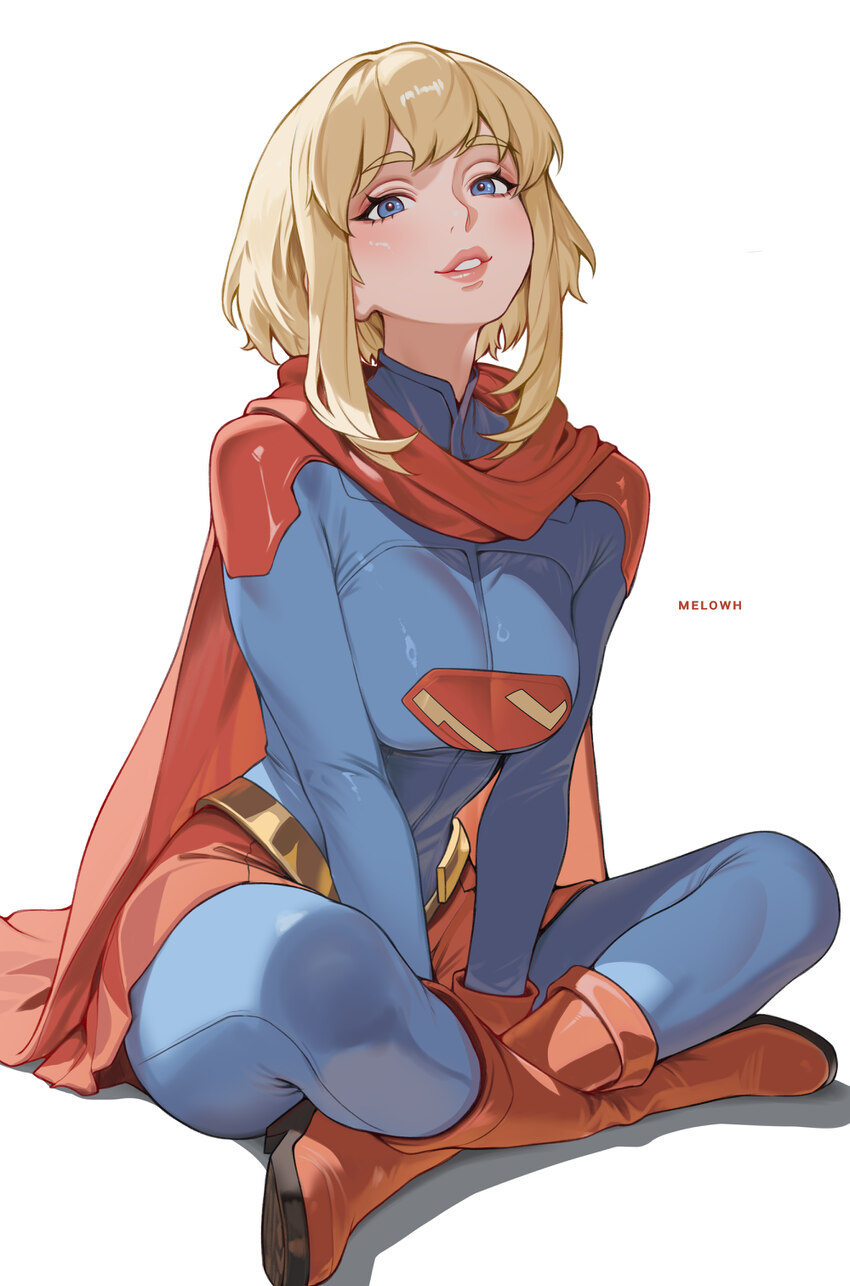 1girl absurdres artist name blonde hair blue eyes boots breasts cape dc comics highres lips long sleeves looking at viewer medium breasts melowh my a…
