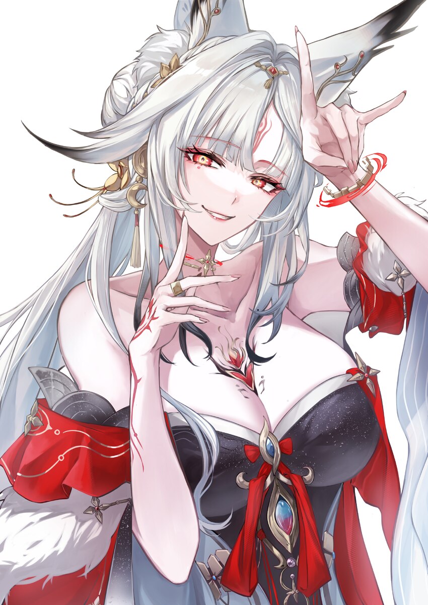 1girl absurdres animal ears arm tattoo bare shoulders breasts chest tattoo cleavage collarbone commentary request fingernails forehead tattoo fox ear…