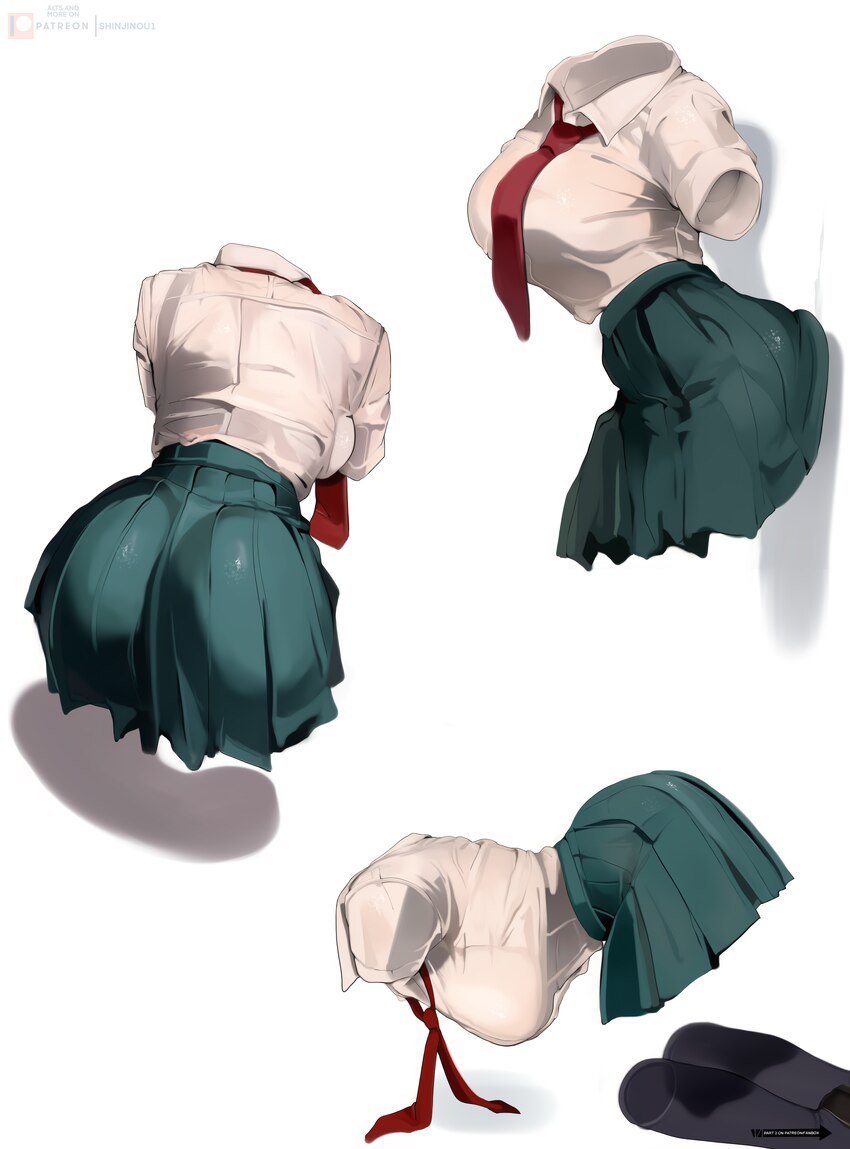 1girl absurdres arched back artist name ass black thighhighs boku no hero academia breasts collared shirt commentary green skirt hagakure toru hangin…