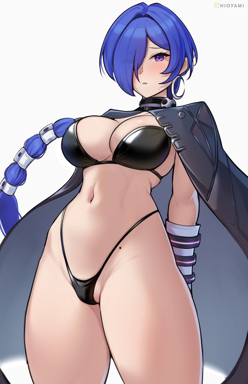 1girl absurdres bikini black bikini blue hair breasts commentary cowboy shot earrings english commentary eyes visible through hair hair over one eye …