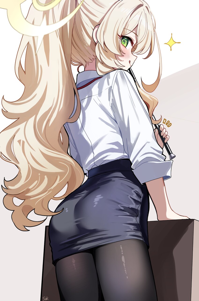 1girl absurdres ass back black pantyhose black skirt blonde hair blue archive blush collared shirt green eyes hair intakes halo high ponytail highres…