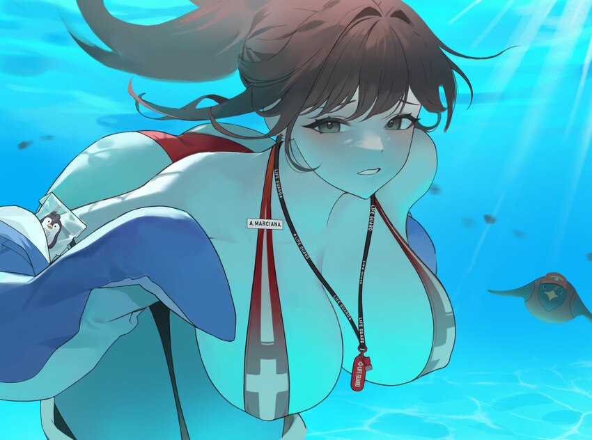 1girl absurdres ass bird breasts brown eyes brown hair character name cleavage commentary request full cleavage goddess of victory  nikke high ponyta…