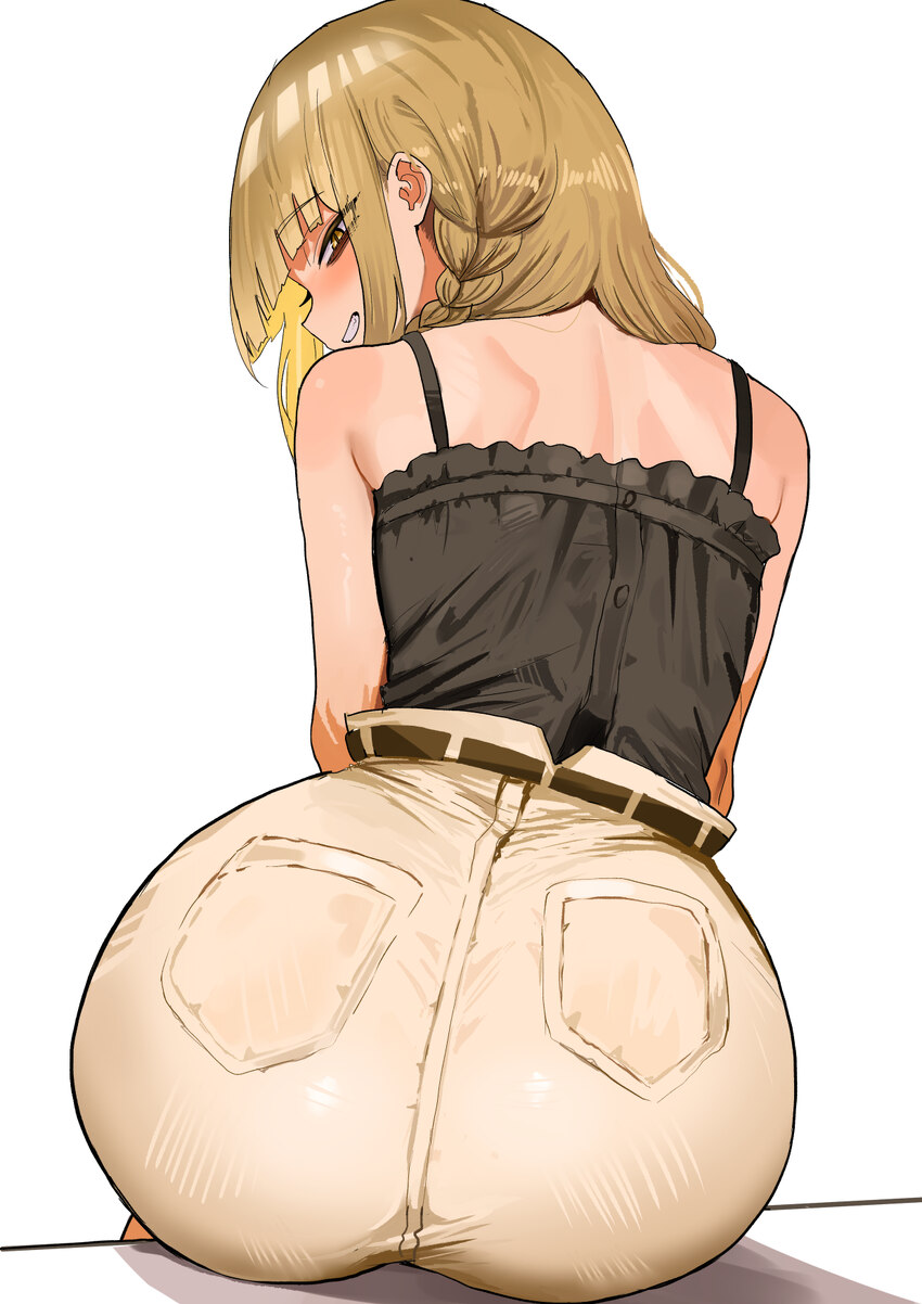 1girl absurdres aged up alternate hairstyle ass black shirt blonde hair blush boku no hero academia braid commentary english commentary from behind g…