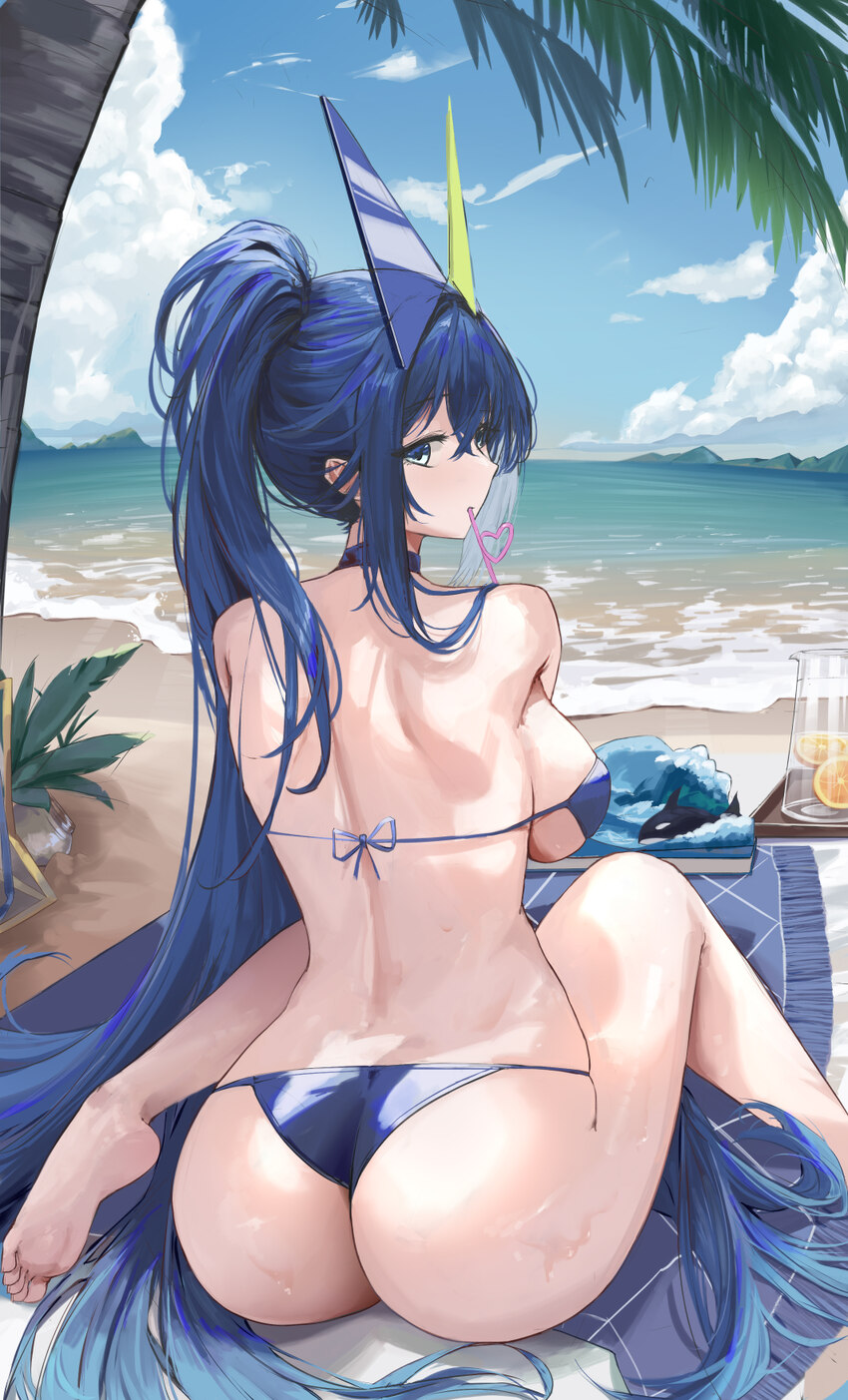 1girl absurdres ass azur lane back bare shoulders barefoot beach bikini blue-tinted eyewear blue bikini blue eyes blue hair blue sky breasts cloud co…