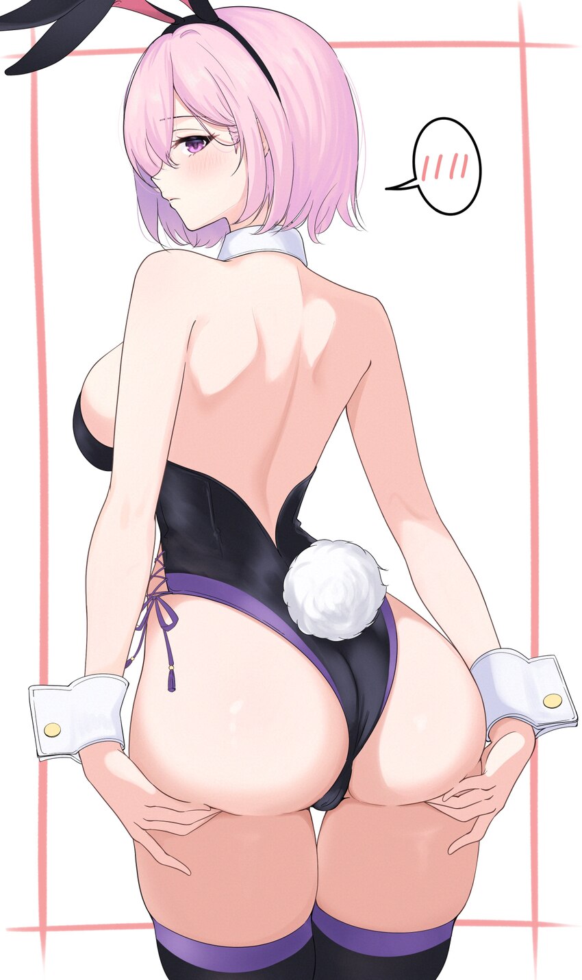 1girl absurdres animal ears ass ass focus ass support backless leotard bare arms bare shoulders black leotard blush breasts closed mouth commentary f…