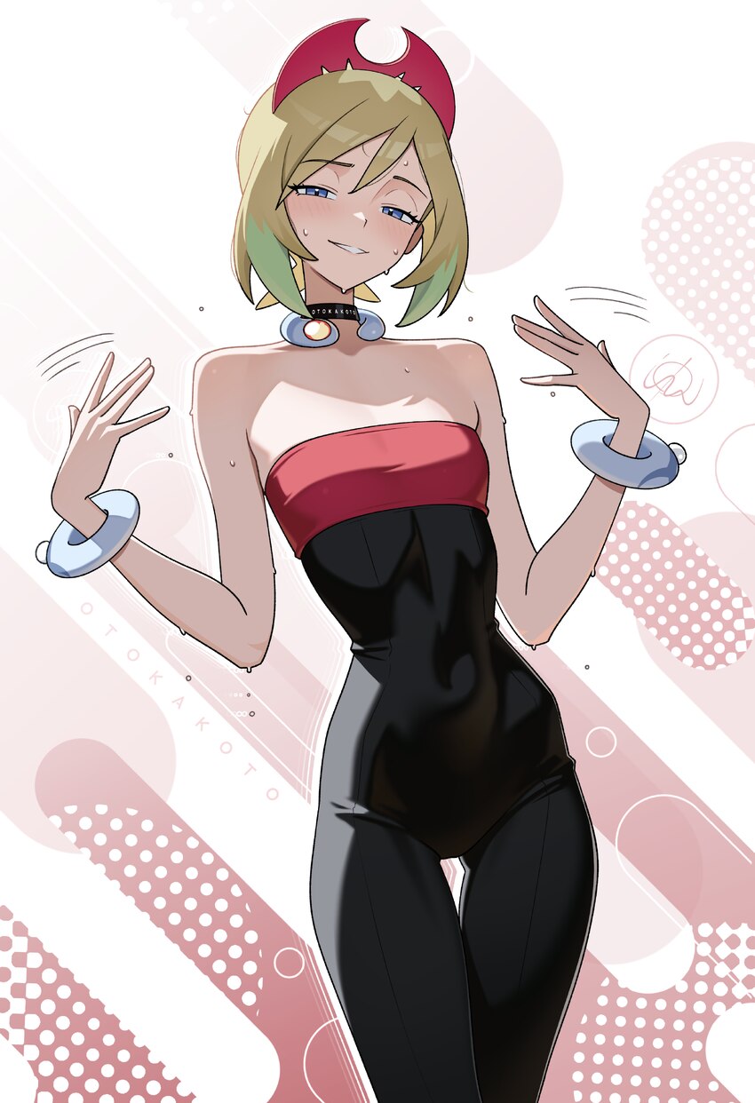 1girl absurdres artist name bare shoulders black choker blonde hair blue eyes bracelet breasts choker collarbone commentary dripping dripping sweat e…