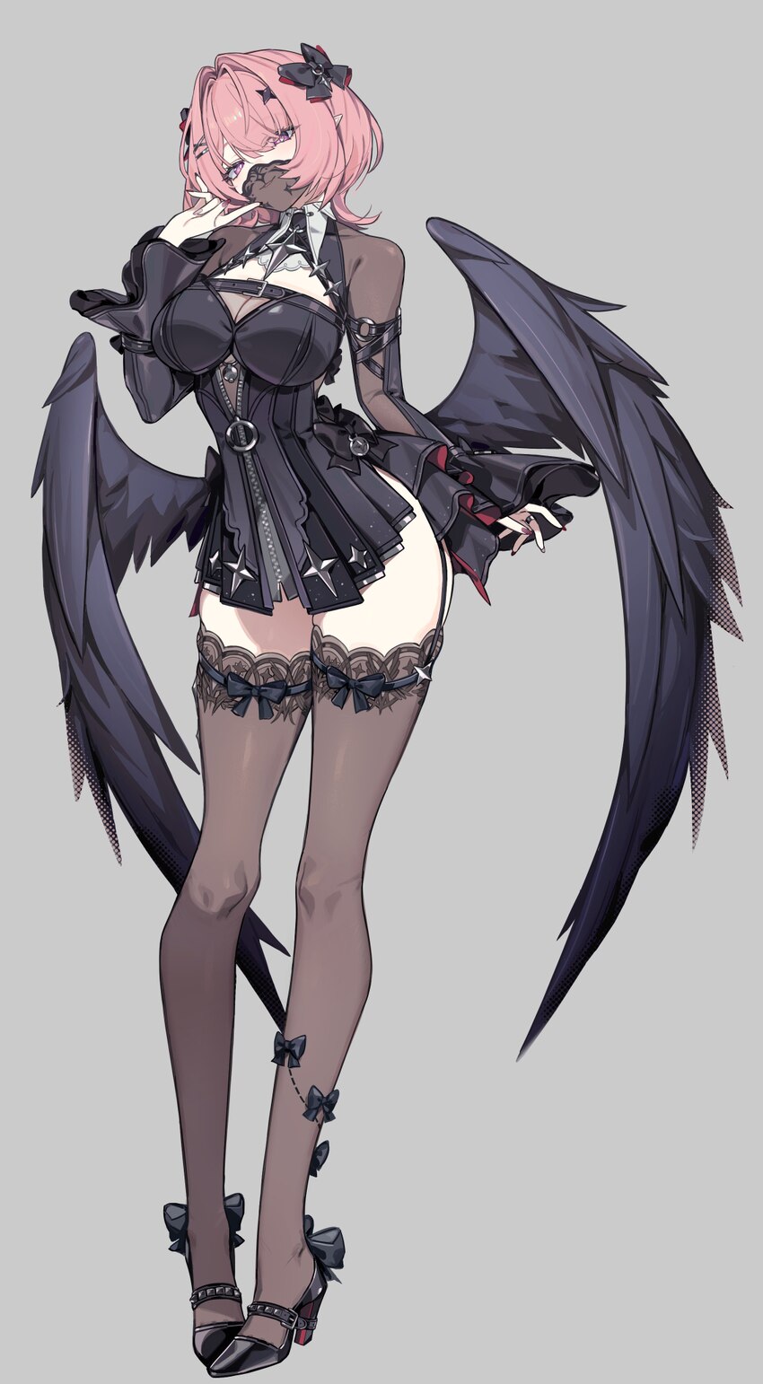1girl absurdres awe (adorableduckyy) black bow black dress black shoes black shrug black wings bow breasts dress fingernails footwear bow full-length…