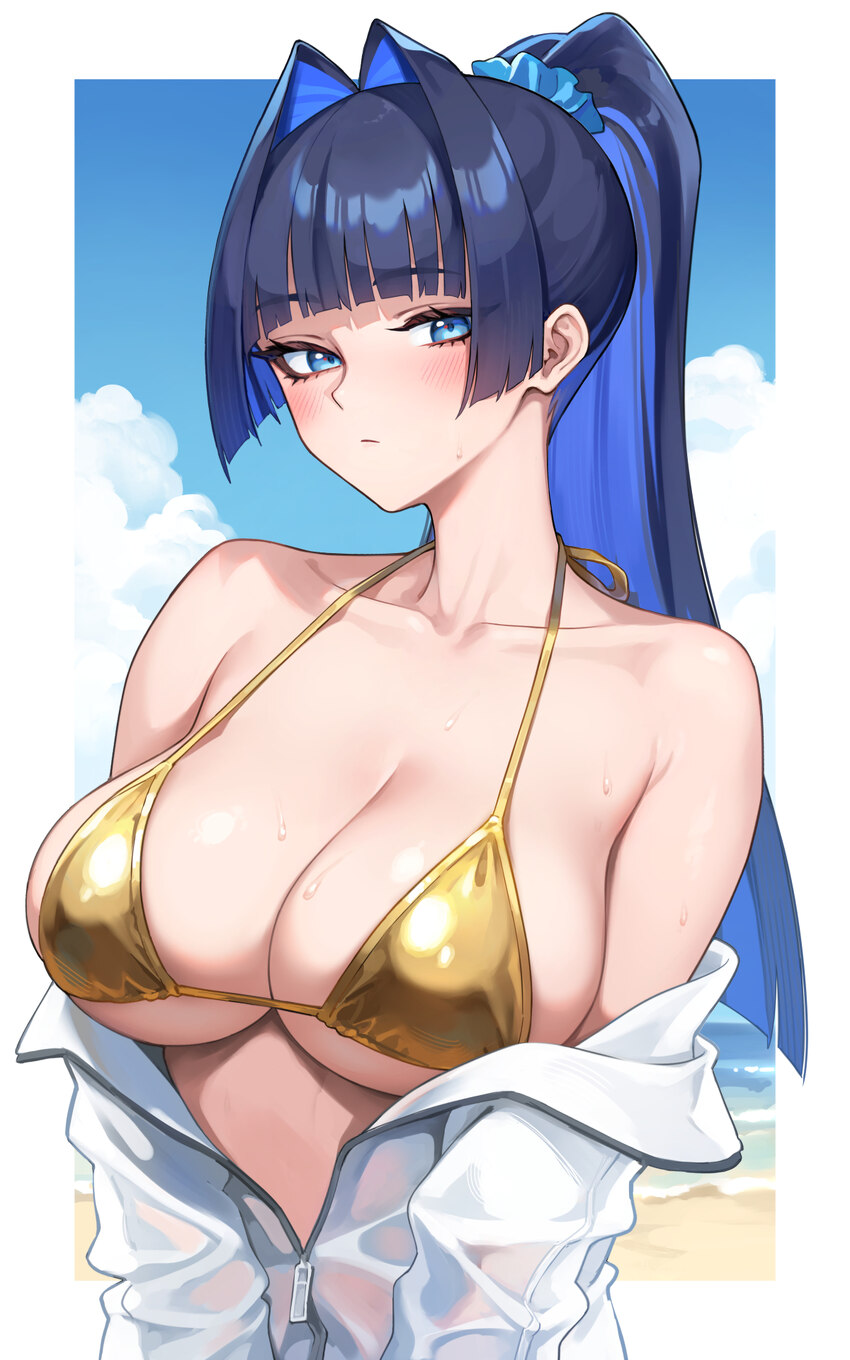 1girl alternate costume alternate hairstyle bare shoulders beach bikini blue eyes blue hair blue sky blunt bangs blunt ends border breasts cleavage c…
