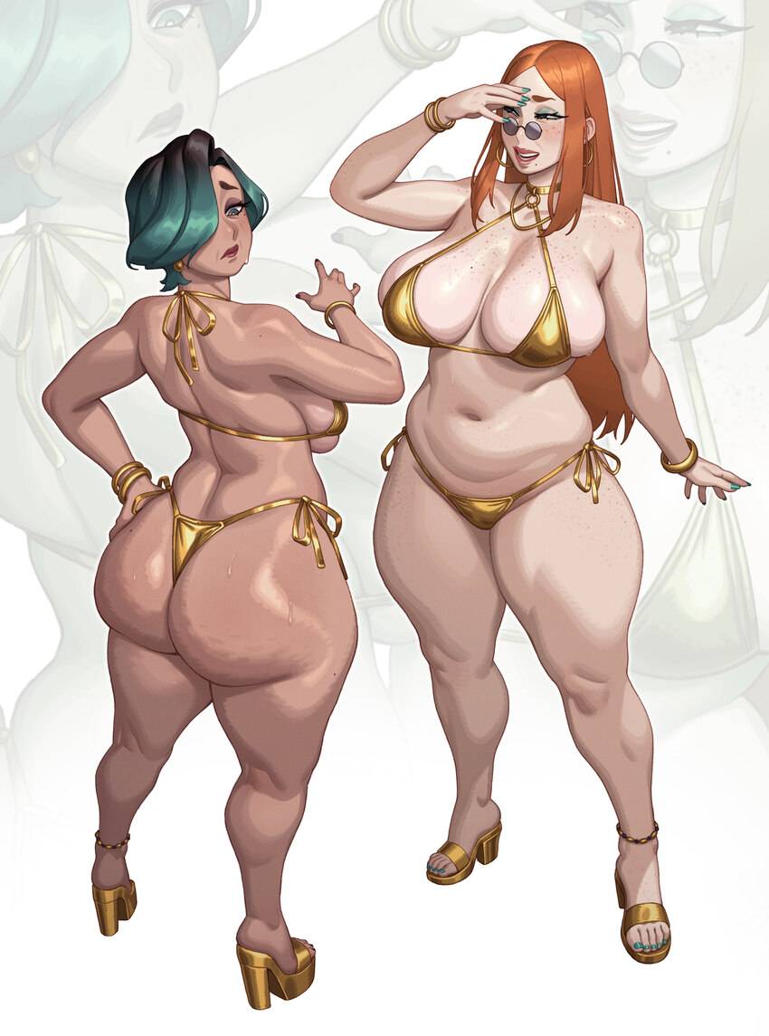 2girls absurdres anne (riz) ass ass focus bare shoulders bikini breasts cellulite commentary english commentary eyeshadow from behind gold bikini gol…