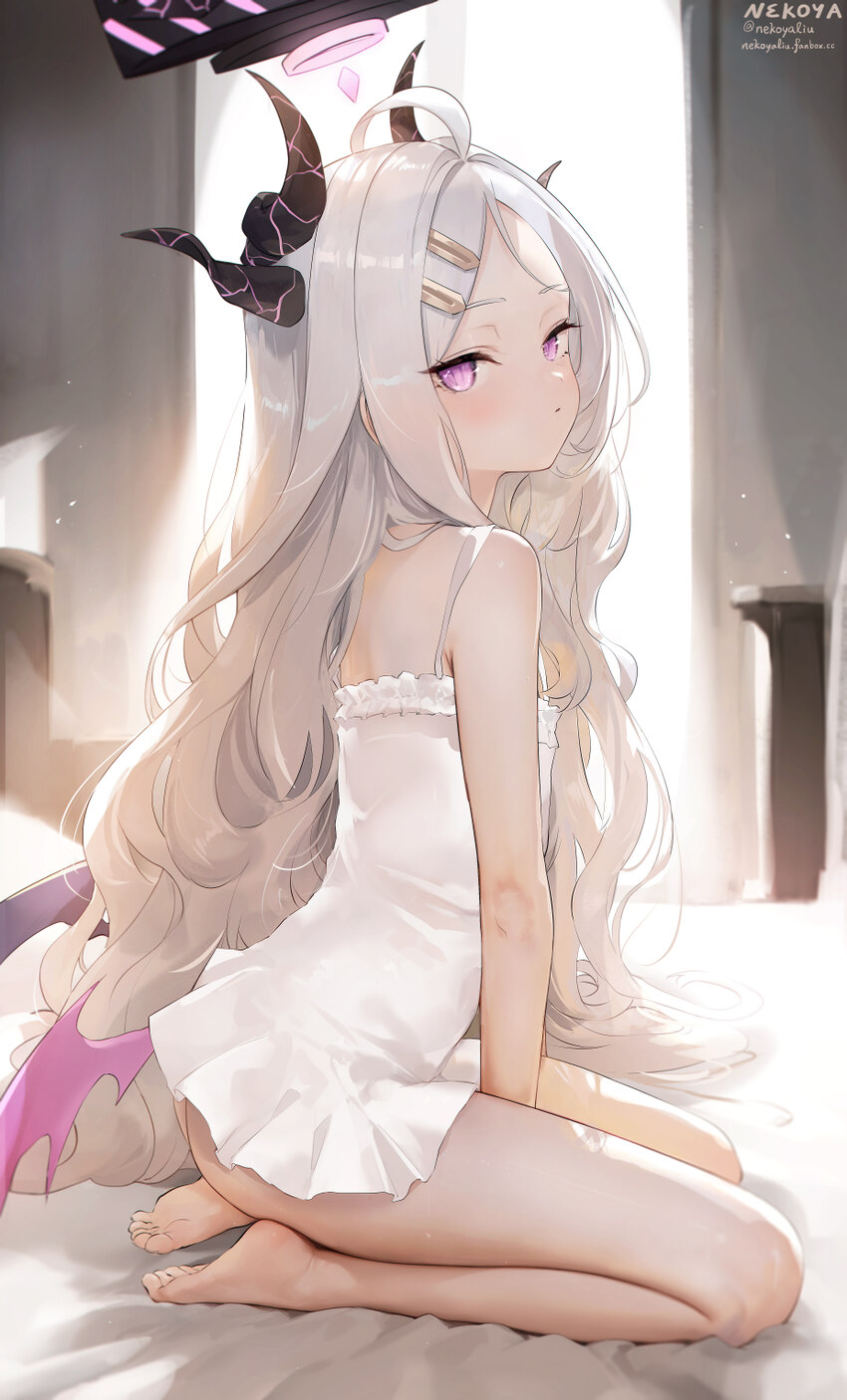 1girl absurdres ahoge barefoot black halo black horns blue archive breasts commentary request demon girl demon horns demon wings from side hair ornam…