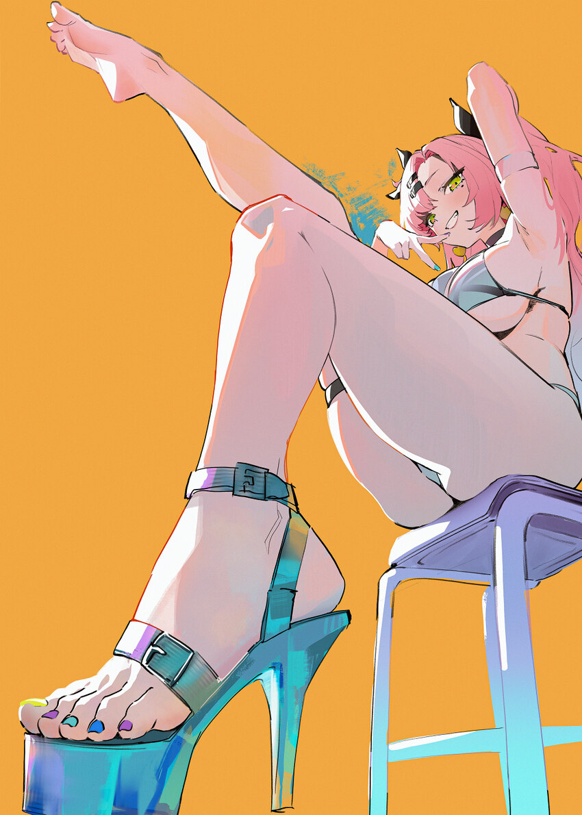 1girl absurdres arm up bikini breasts feet foot focus from below full body green eyes grin high heel sandals high heels highres kiqusha large breasts…