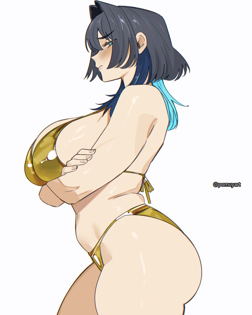 1girl arm under breasts bare shoulders bikini black hair blue eyes blue hair blush breasts closed mouth colored inner hair commentary crossed arms en…