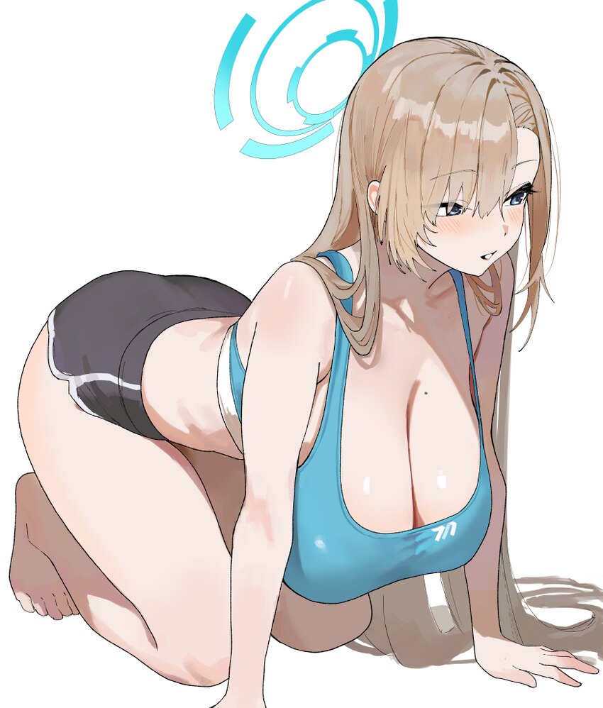 1girl absurdres all fours alternate costume ass asuna (blue archive) bare legs barefoot black shorts blonde hair blue archive blue eyes blue halo blu…