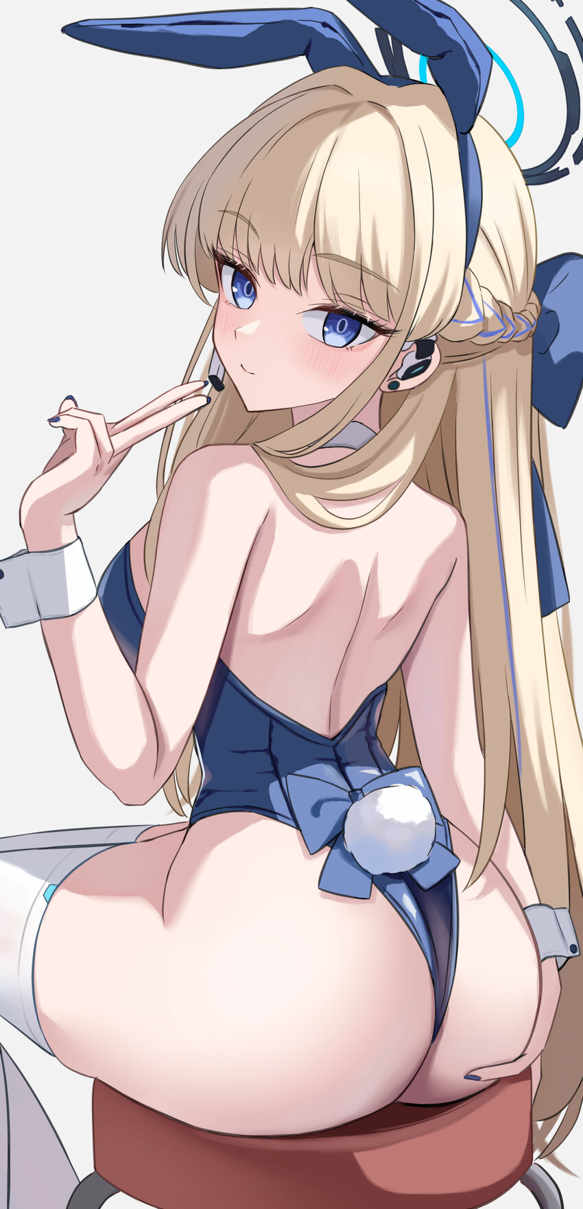 1girl absurdres animal ear hairband animal ears arched back ass back bow bare arms bare shoulders black halo blonde hair blue archive blue bow blue h…