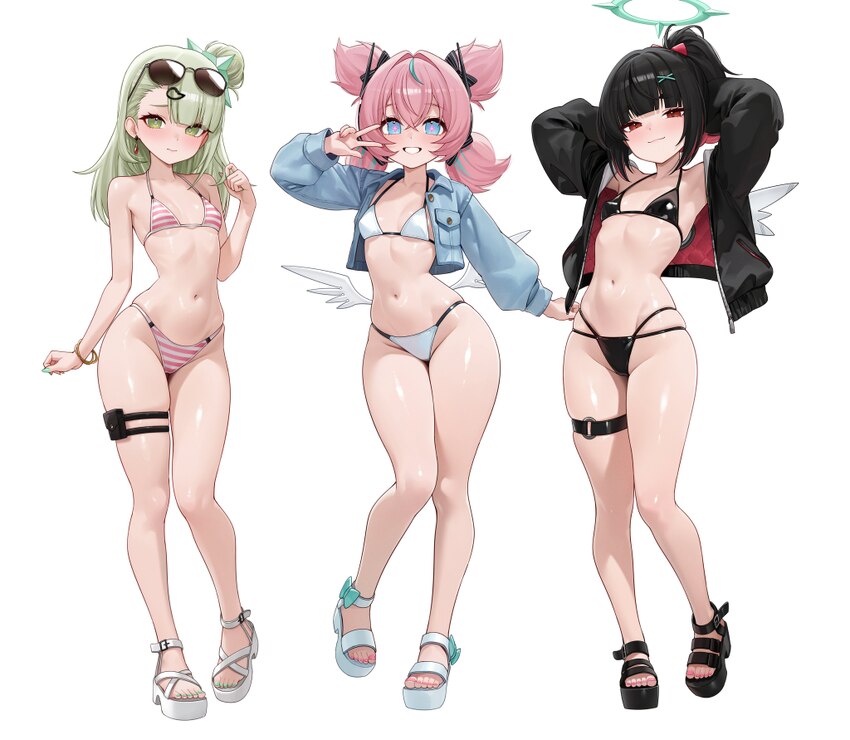 3girls absurdres angels of delusion aqua streaks aria (human) (zenless zone zero) aria (zenless zone zero) armpits arms up bikini black bikini black …