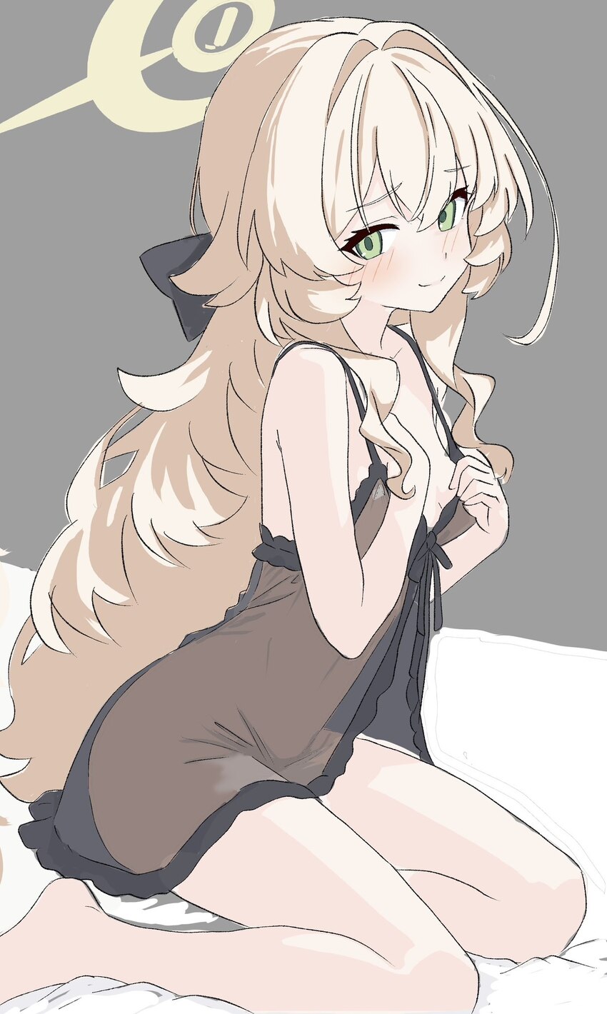 1girl babydoll black babydoll blonde hair blue archive bow breasts commentary fluffy hair green eyes hair bow hair intakes halo highres kamitosayu lo…