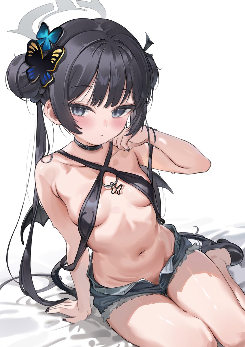 1girl absurdres alternate costume black choker black hair blue archive blush breasts butterfly hair ornament choker closed mouth commentary request d…