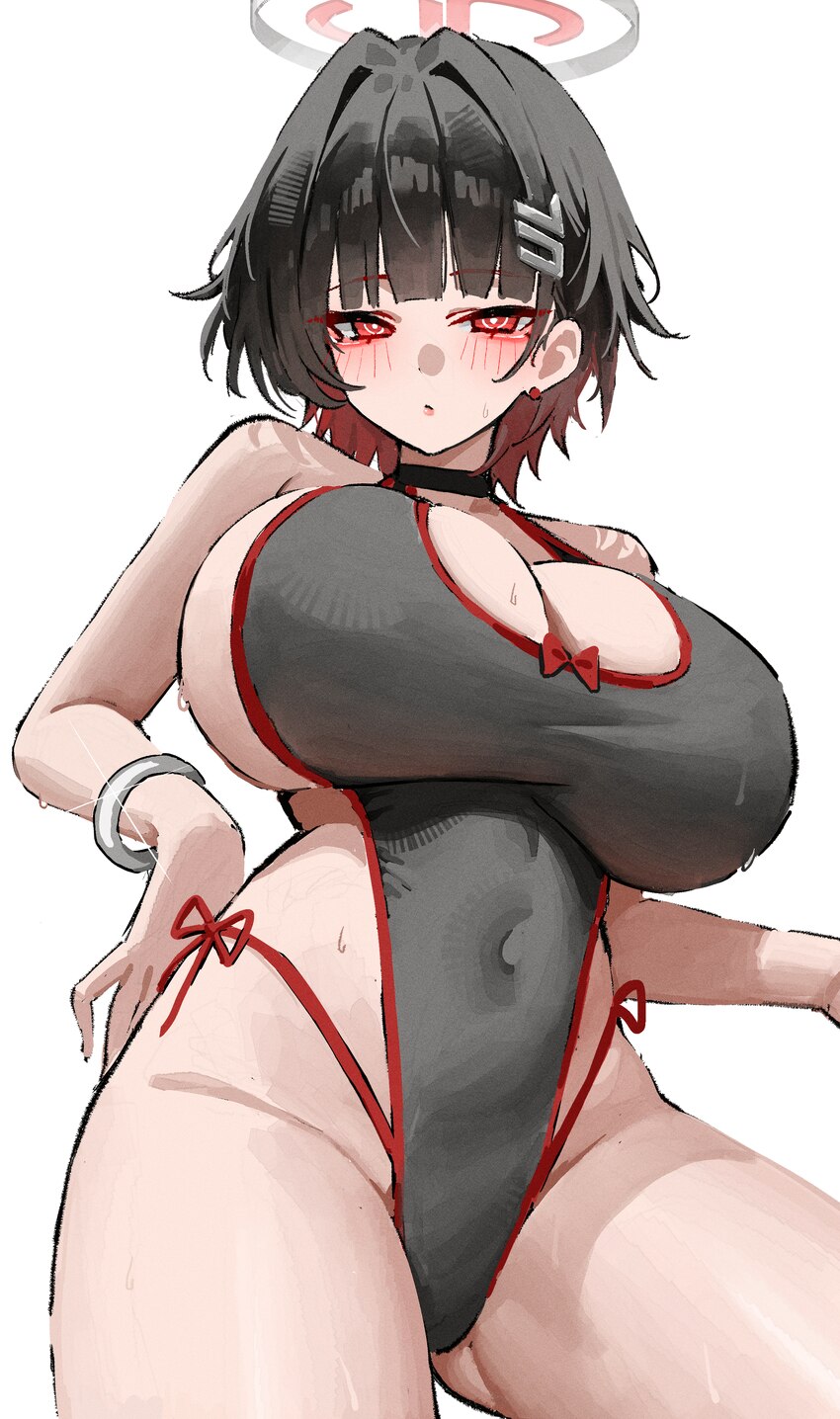 1girl absurdres alternate costume alternate hair length (shorter) alternate hairstyle bangle black hair black halo blue archive blunt bangs blush bra…