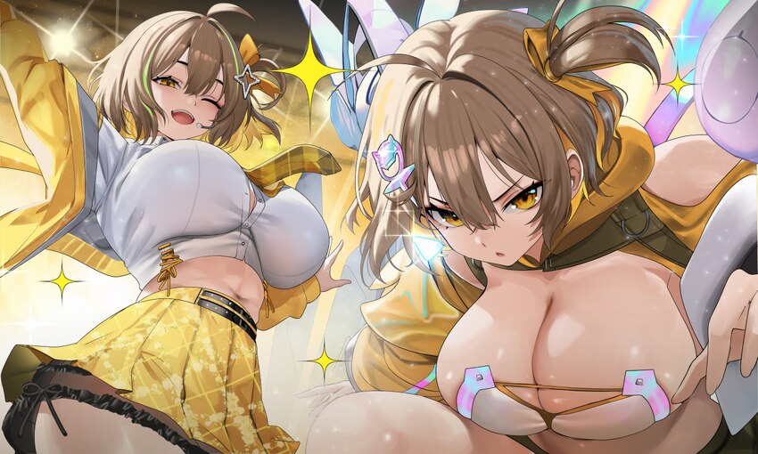 1girl ahoge anis (nikke) anis (star) (nikke) anis (star) (t.t. star) (nikke) bare shoulders blush breasts brown eyes brown hair cleavage commentary c…