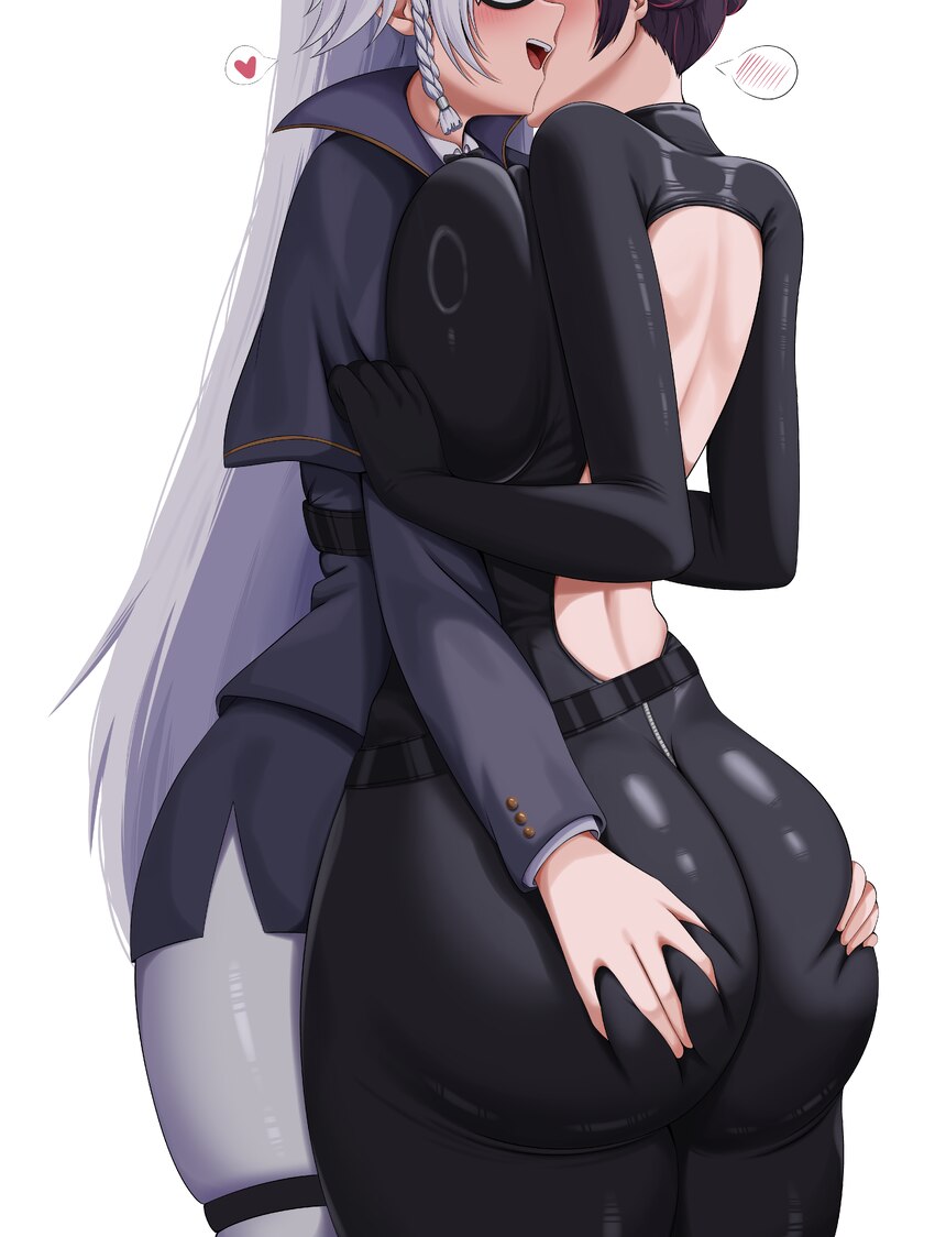 2girls absurdres ass back cutout black bodysuit black hair blush bodysuit braid breast press breasts clothing cutout commission english commentary ey…