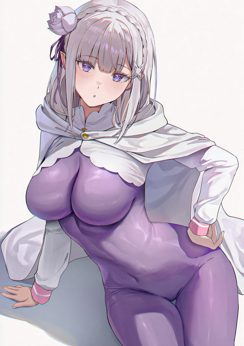 1girl ai-assisted amiki yuzuru arm support blunt bangs bodysuit breasts cape commentary request covered navel elf emilia (re zero) flower grey backgr…