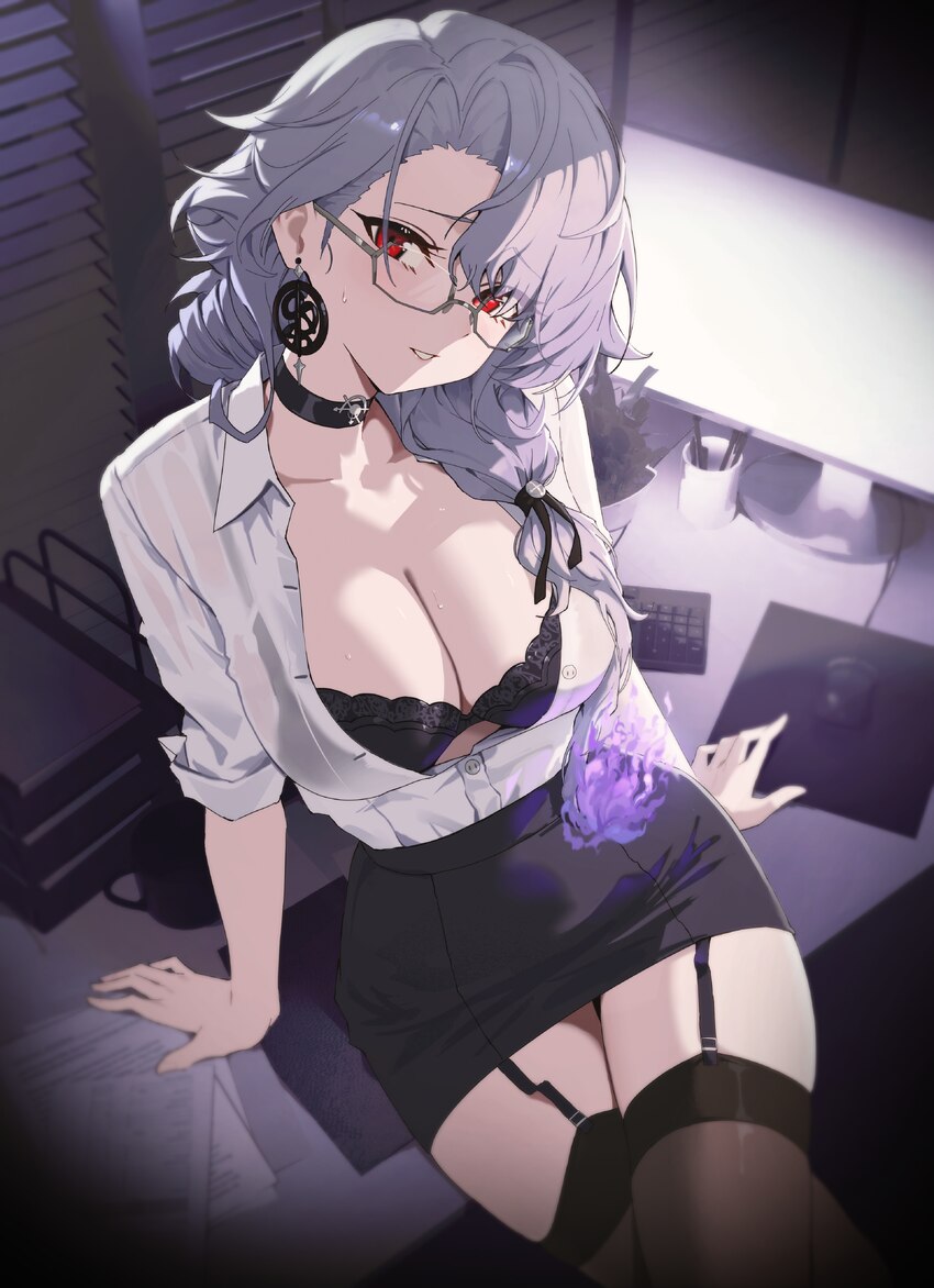 1girl absurdres alternate costume black bra black choker black garter straps black ribbon black skirt black thighhighs bra bra visible through clothe…