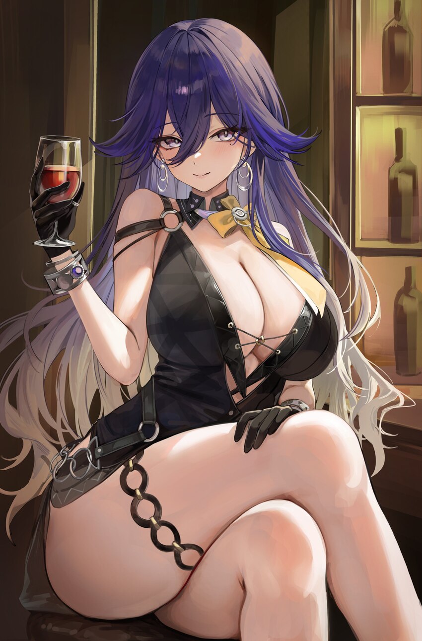 1girl absurdres bare shoulders black dress black gloves blush bottle bracelet breasts cleavage closed mouth commentary crossed legs cup dress drinkin…
