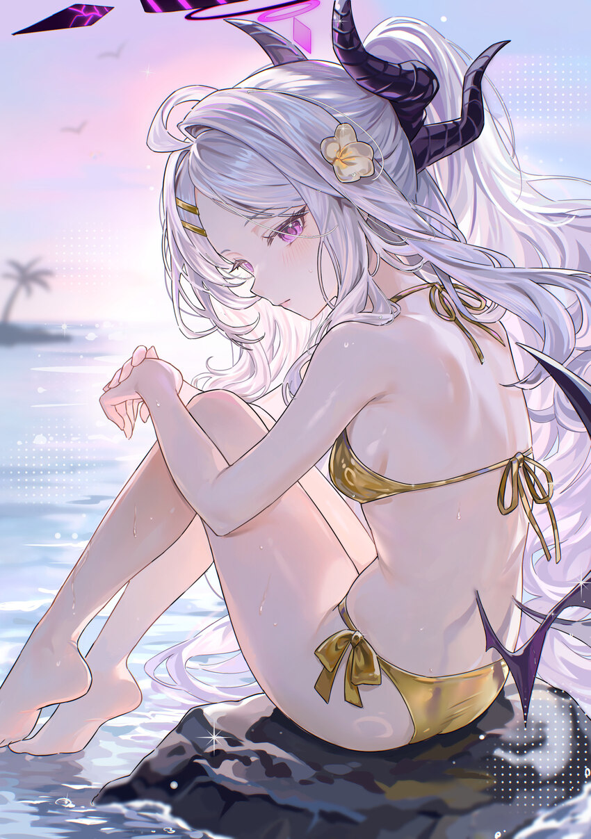 1girl absurdres ahoge ariko (aaaaarik) bikini blue archive blush breasts closed mouth commentary demon horns gold bikini hair ornament halo halternec…