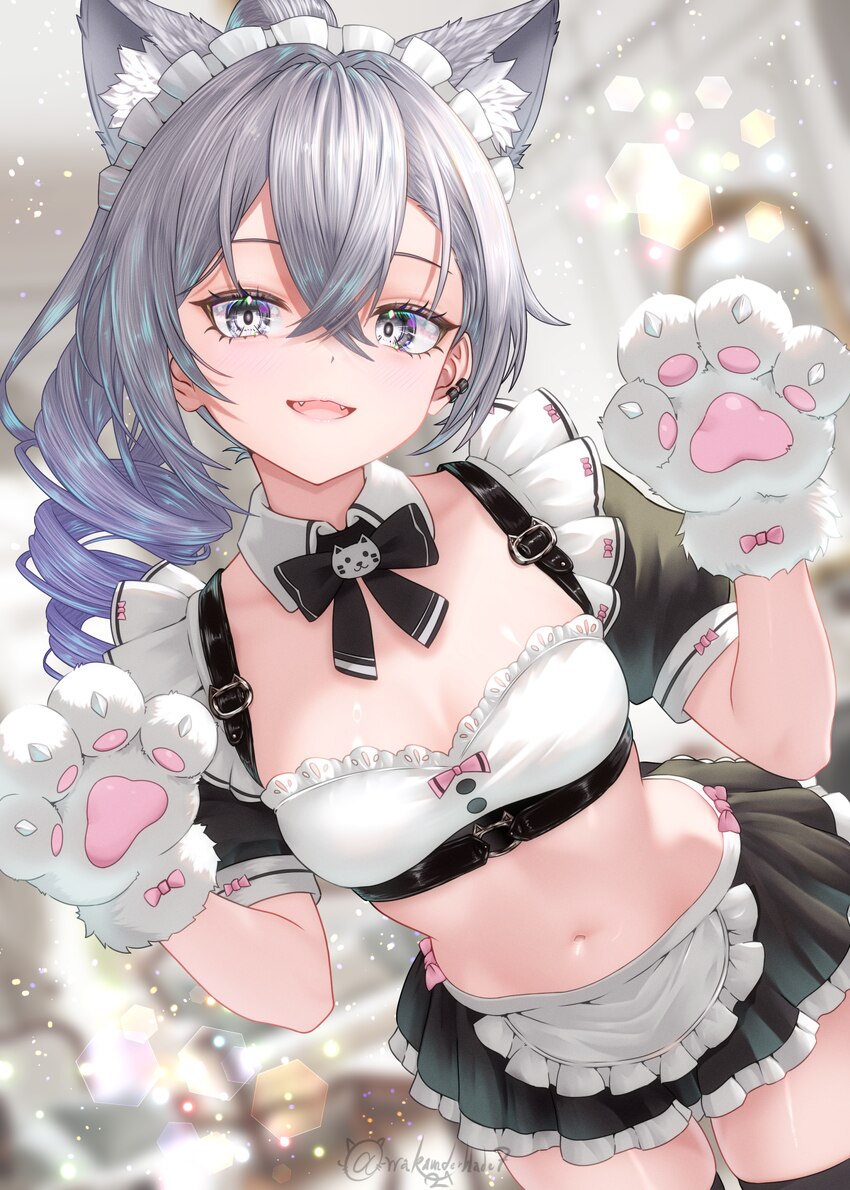 1girl adapted costume animal ear fluff animal ears animal hands apron black shirt black skirt black thighhighs blurry blurry background bow bowtie br…