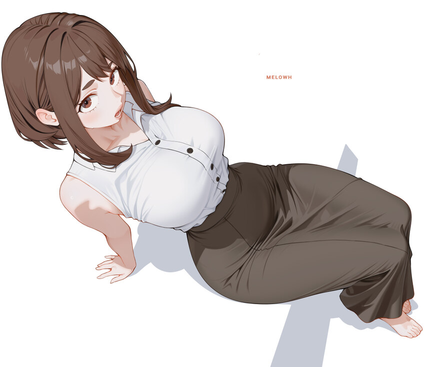1girl absurdres bare shoulders barefoot black skirt blush boku no hero academia breasts brown eyes brown hair highres large breasts long skirt lookin…