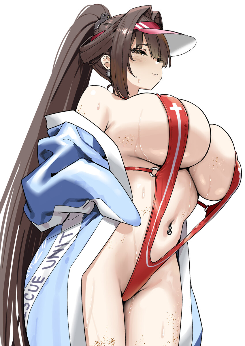 1girl bare shoulders blush breasts brown eyes brown hair cleavage closed mouth commentary cowboy shot full cleavage goddess of victory  nikke hair in…