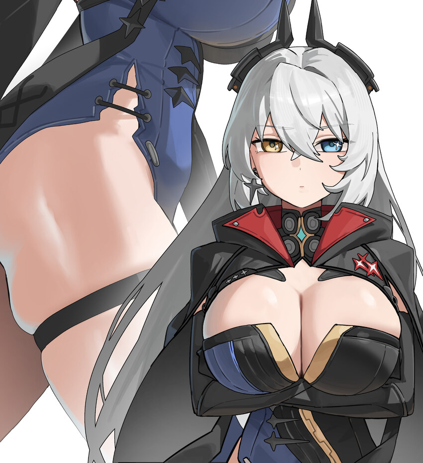 1girl absurdres aozora 1051 arms under breasts asymmetrical bodysuit black bodysuit black horns blue bodysuit blue eyes bodysuit breasts cleavage clo…
