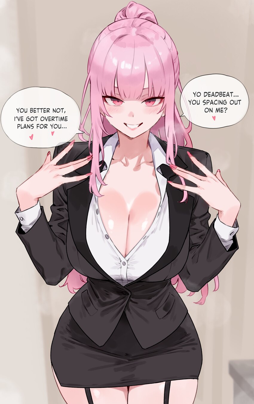 1girl absurdres black garter straps black skirt bluefield blush breasts cleavage collarbone collared shirt commentary english text fingernails garter…